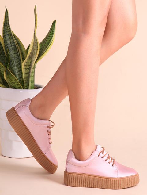 Pink Satin Fabric Rubber Sole Low Top Sneakers