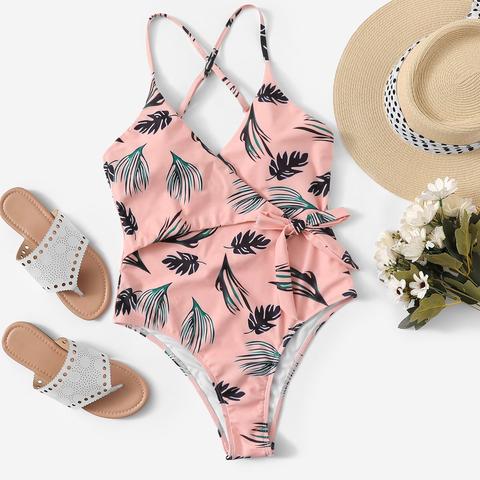 Costume Da Bagno A Stampa Casuale Con Stampa A Foglia Di Criss Cross