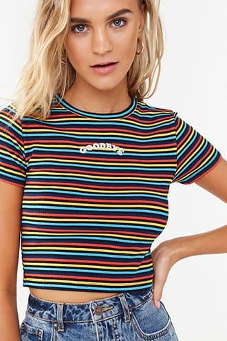 Forever 21 Goodbye Striped Tee , Black/multi