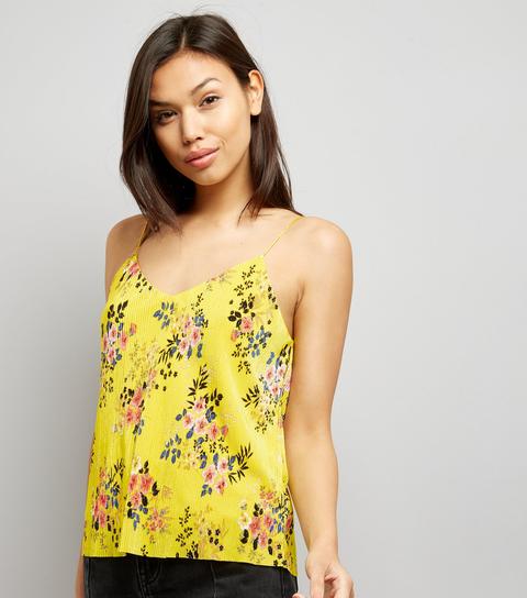 Yellow Floral Print Pleated Cami Top