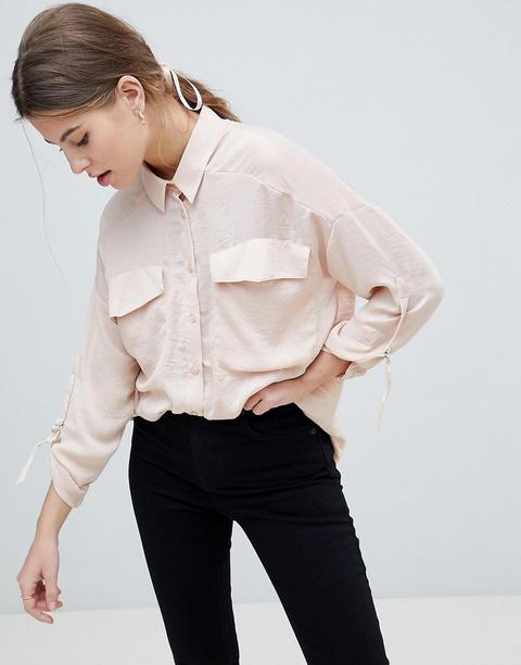 Asos Design - Camicia Oversize In Raso Slavato Con Anelli A D - Beige