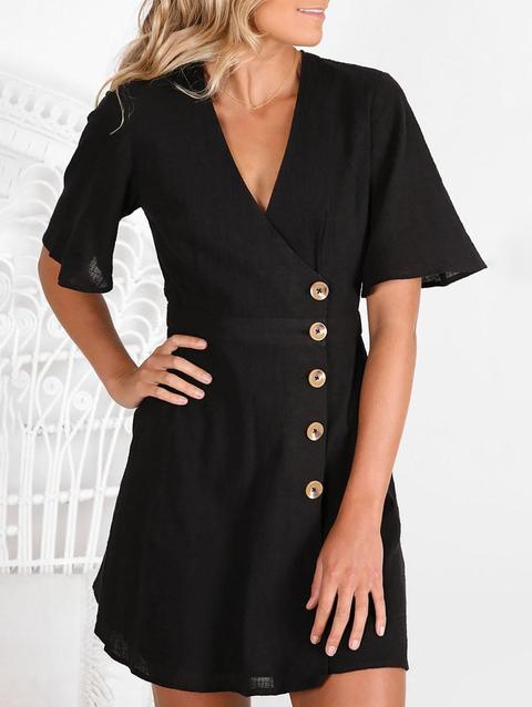 Side Button Low Cut Casual Dress