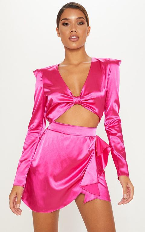 Hot Pink Satin Extreme Shoulder Twist Front Top