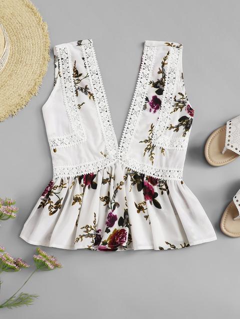 Top Floral Bajo Fruncido Ribete Con Encaje Con Dos Escotes V