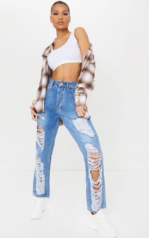 Prettylittlething Mid Blue Ripped Boyfriend Jeans