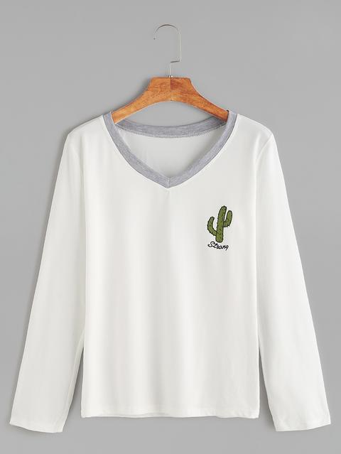 Camiseta Con Cuello En V Y Estampado De Cactus - Marfil