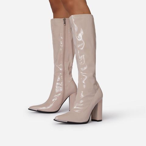 Flow Pointed Toe Block Heel Knee High Long Boot In Beige Nude Patent, Nude