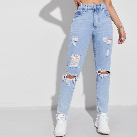 Ripped Raw Hem Mom Jeans