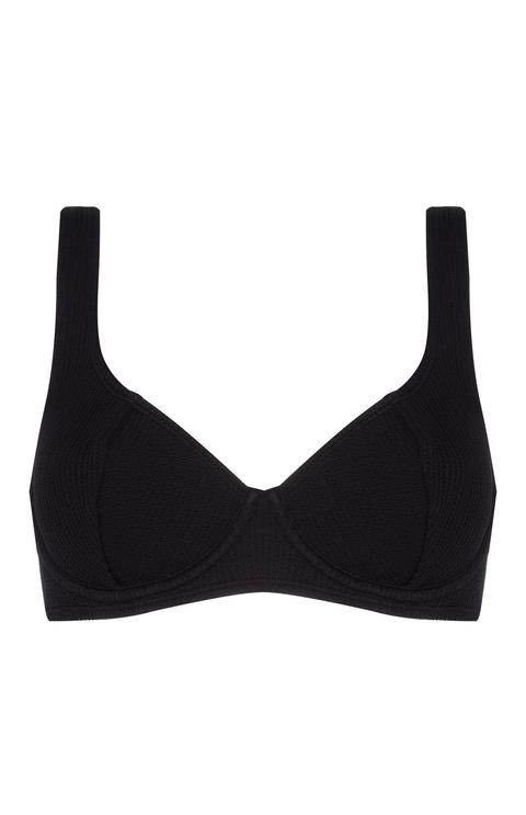 Top De Bikini Negro Texturizado Con Aros