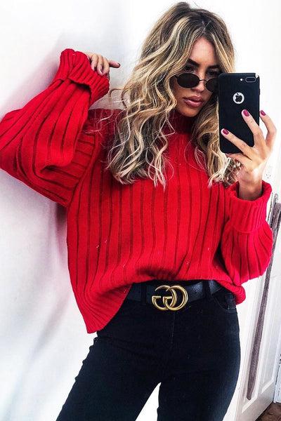 Red Knit High Neck Jumper - Jaelynn