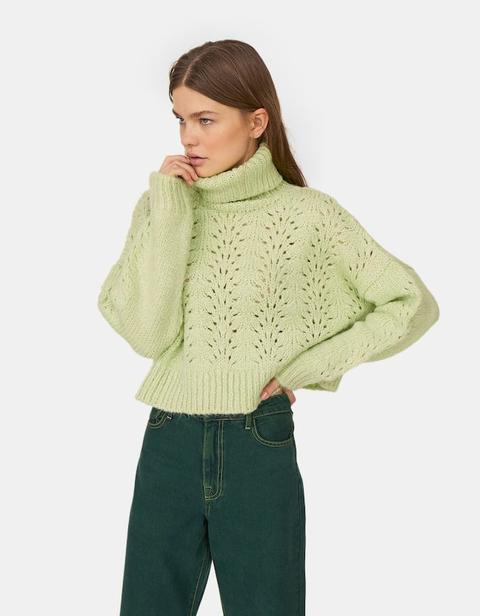 Maglia Cropped Traforata A Collo Alto Verde Pastello