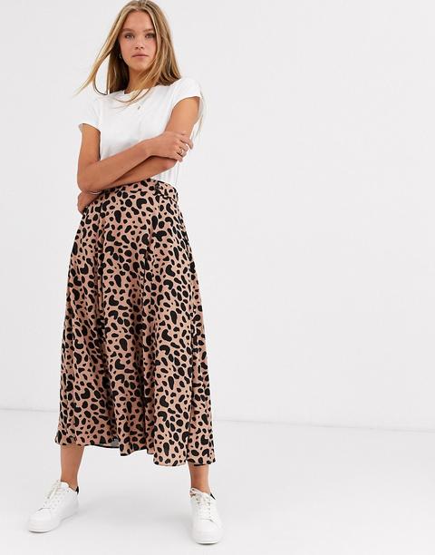 Falda Midi Vaporosa Con Detalle De Botones En La Cinturilla Y Estampado De Leopardo De Asos Design-multicolor