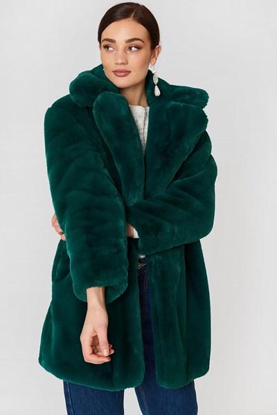 Mango Lapels Faux Fur Coat - Green