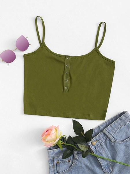 Casuale A Tinta Unita Bottone Verde Militare Tops & Camis