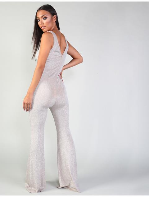 Silver Glitter Plunge Neck Jumpsuit