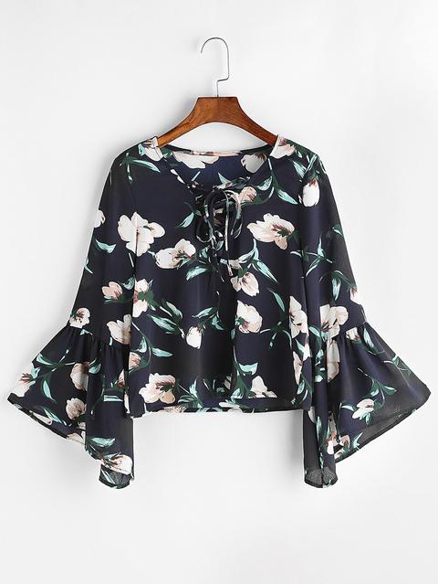 Blusa Floral Con Cuello En V Y Cordones De Manga Acampanada - Marino