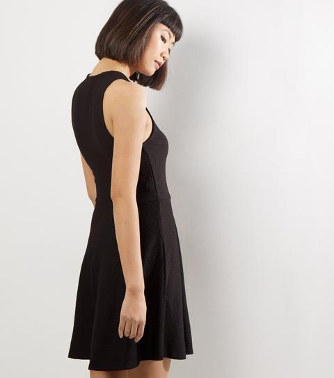 Black Jacquard Textured Skater Dress New Look
