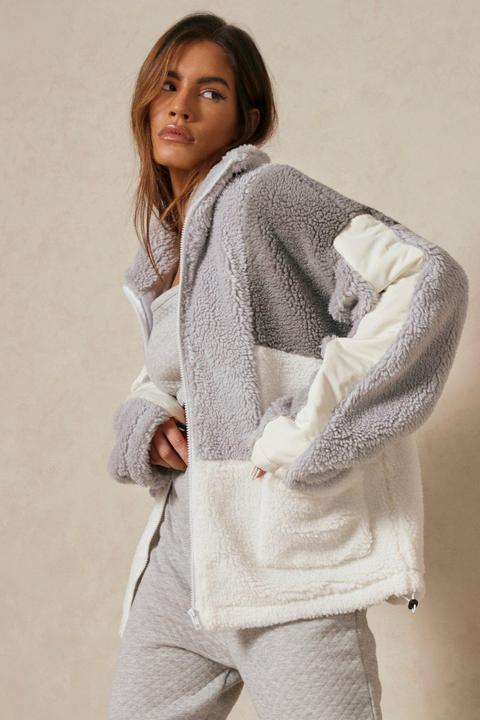 Womens Oversized Colour Block Teddy Jacket Grey