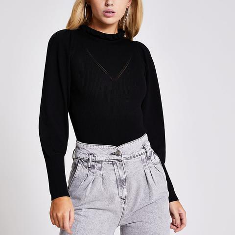 Black Frill Neck Puff Sleeve Top