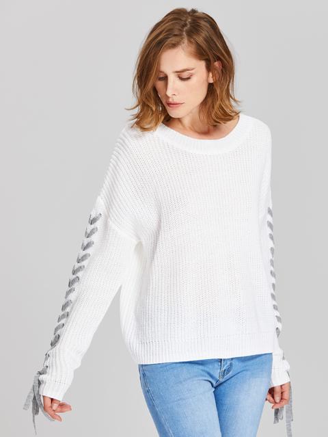 Drop Shoulder Lace Up Sleeve Jumper