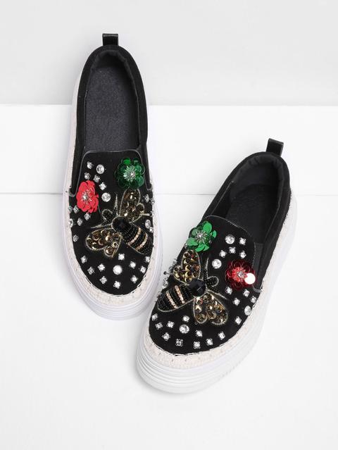 Flache Sneaker Mit Strass Blumen Und Biene