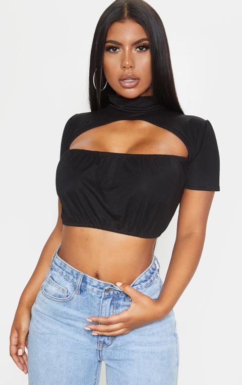 Black Woven Cut Out High Neck Crop Top, Black