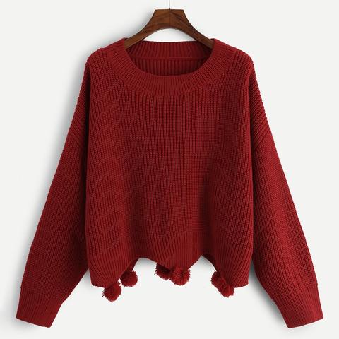 Maglione Grande A Orlo Di Pompon E Spalla Cadente