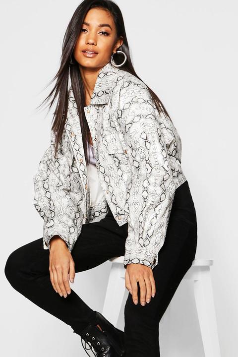 Womens Snake Pu Trucker Jacket - Beige - 10