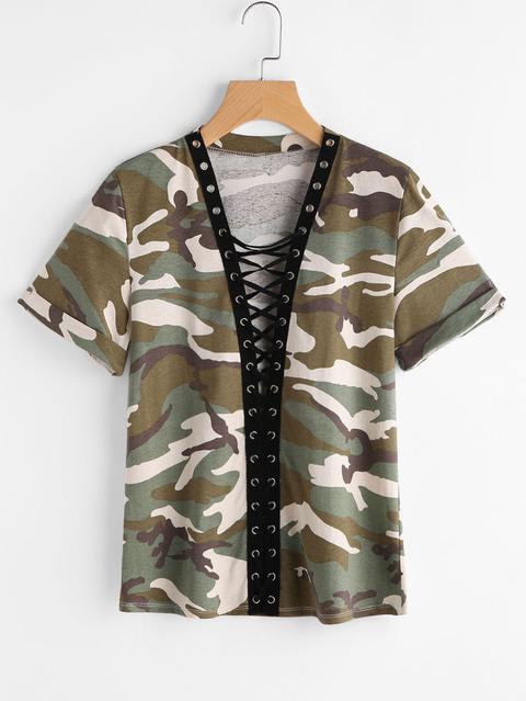 Tshirt Camuffato Con Scollo Profondo Con Laccetti