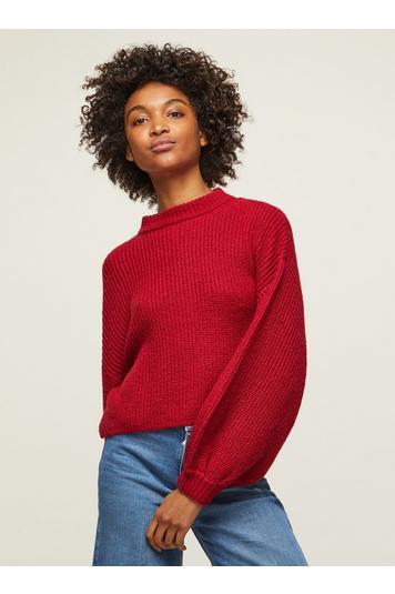 Womens Red Volume Sleeve Ribbed Knitted Jumper, Red