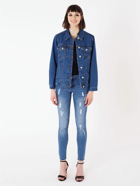 Jeans Skinny Con Rotture Blu Denim Medio