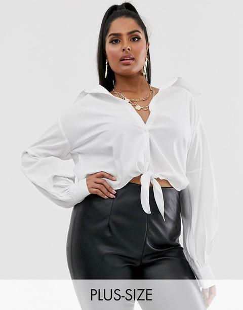 Prettylittlething Plus - Camicia Bianca Con Allacciatura - Bianco