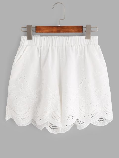 White Flower Embroidered Eyelet Scallop Hem Shorts