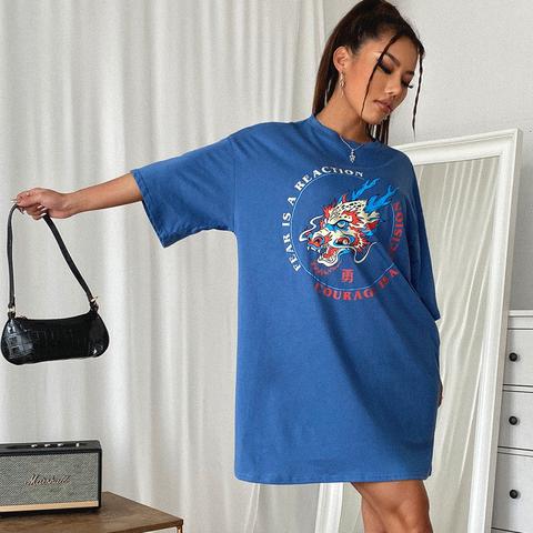 Chinese Dragon & Slogan Graphic Drop Shoulder Tee Dress