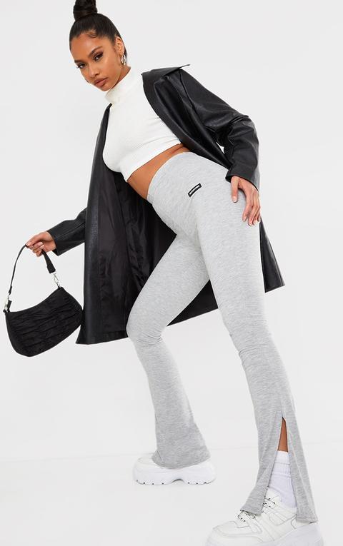 Prettylittlething Grey Marl Rubber Logo Split Hem Leggings