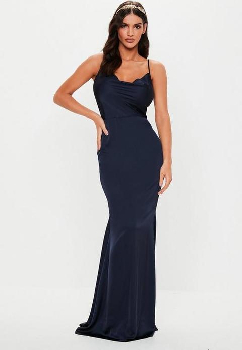 navy satin cowl neck dress