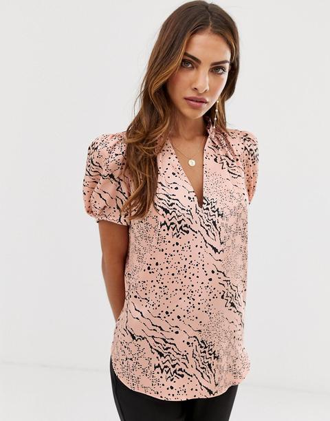 River Island – Rosa Bedruckte Bluse Mit V-ausschnitt Und Puffärmeln