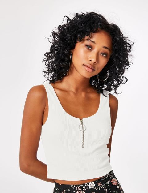 Cream Crop Top With Zip Detail