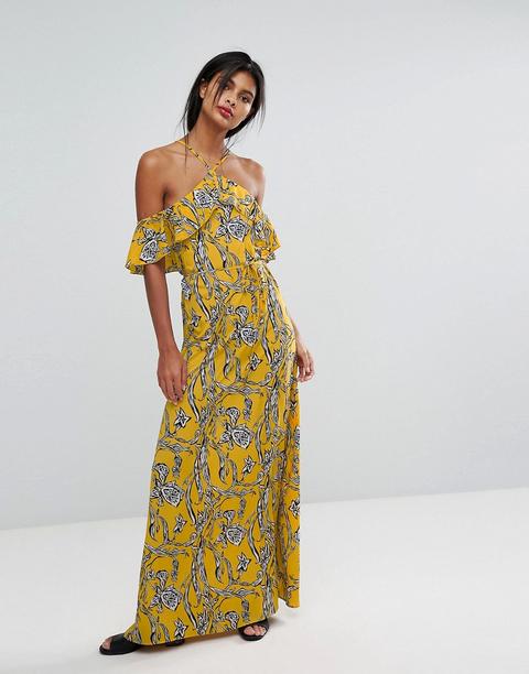 Ax Paris - Vestito Lungo Giallo Stampato Con Spalle Scoperte - Giallo