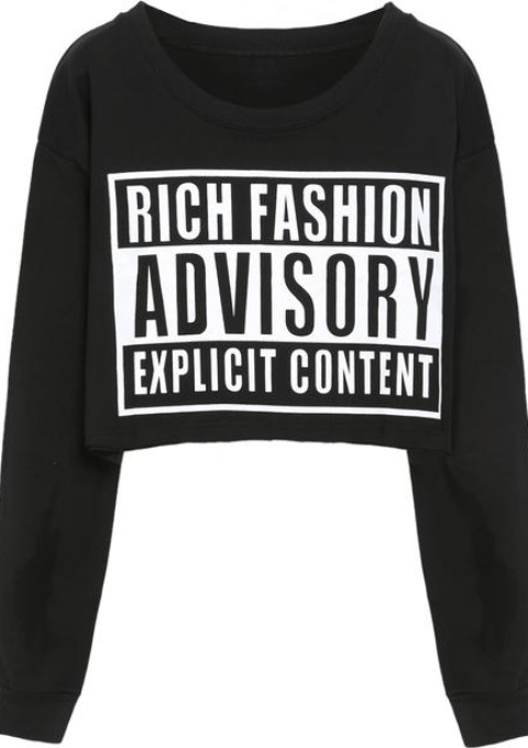 Black Round Neck Advisory Print Crop Sweatshirt