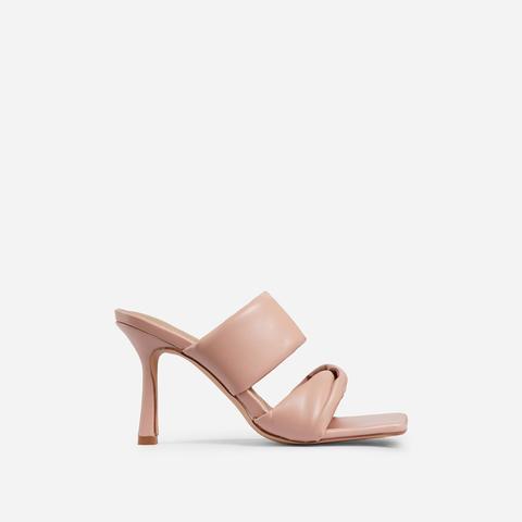 Crushin Padded Twisted Strap Square Toe Kitten Heel Mule In Nude Faux Leather, Nude