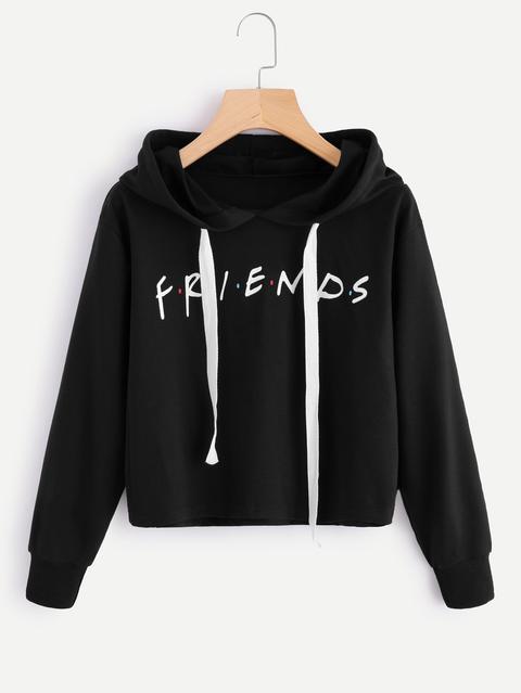 Friends Print Drop Shoulder Raw Hem Hoodie