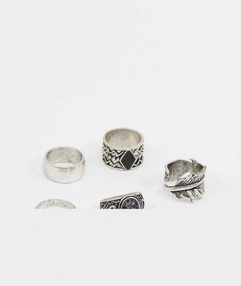 Asos Design Chunky Ring Pack In Burnished Silver Tone