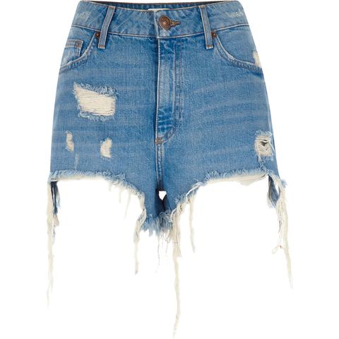 Blue Ripped High Waisted Denim Shorts