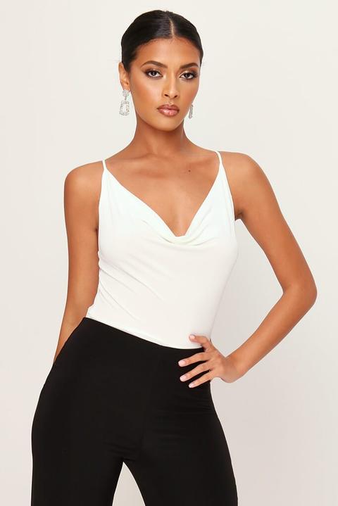 White Slinky Cowl Neck Bodysuit