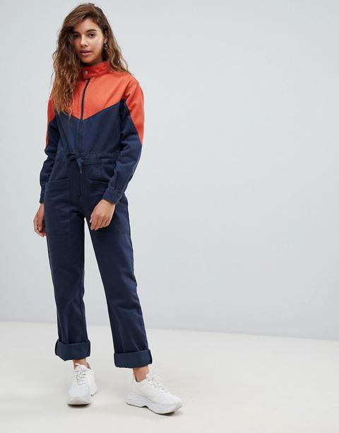Asos Design Denim Boilersuit In Colourblock