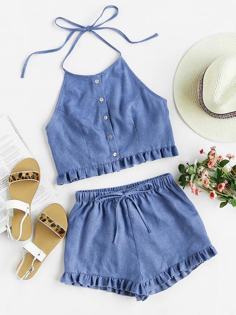 Buttoned Front Princess Seam Halter Top And Shorts Set