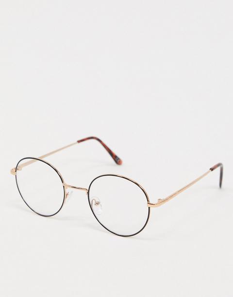 Asos Design Clear Lens Black Round Glasses With Gold Nose Bridge