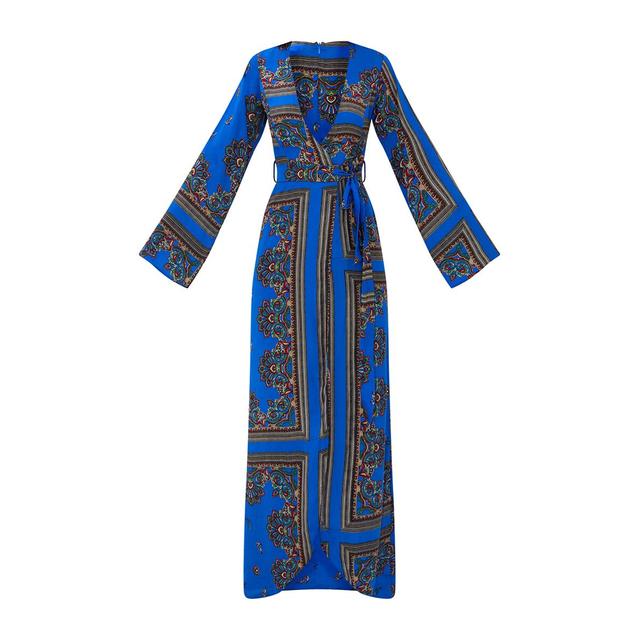 cobalt print satin kimono maxi dress