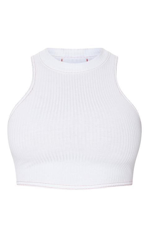 White Contrast Seam Rib Racer Crop Top